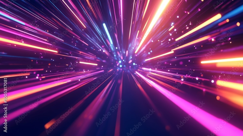 Aufkleber 3D render of a colorful abstract background with a spectrum of neon rays and glowing lines, creating a bright and dynamic visual experience