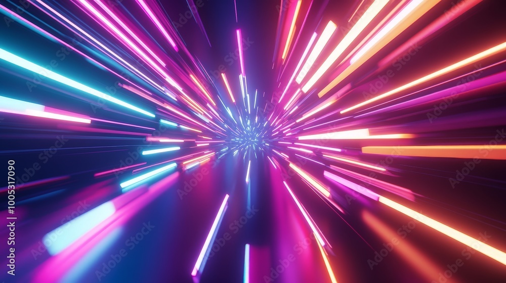 Aufkleber 3D render of a colorful abstract background with a spectrum of neon rays and glowing lines, creating a bright and dynamic visual experience