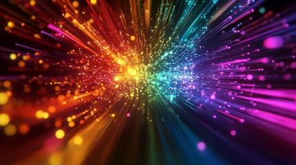 Obraz premium 3D render of a colorful abstract background with a spectrum of neon rays and glowing lines, creating a bright and dynamic visual experience