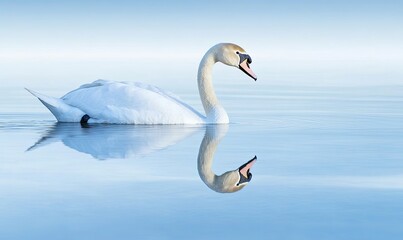 Obraz premium A single white swan swims on a calm blue lake, its reflection mirroring its elegant form.