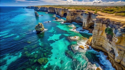 Aerial view of stunning rocks, cliffs, and turquoise ocean, creating a beautiful natural background