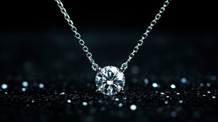 A solitaire diamond necklace sparkling against a black background, highlighting its brilliance.