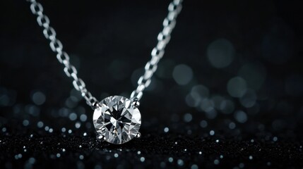 A solitaire diamond necklace sparkling against a black background, highlighting its brilliance.