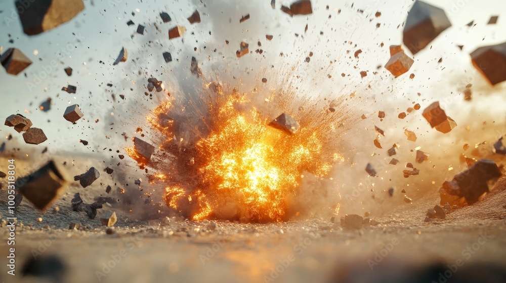 Poster 3d render of a geometric explosion design, depicting powerful forces and a crushing surface to empha