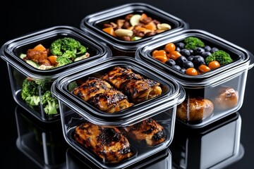 3D-rendered meal prep with portion-controlled servings, where each container is filled with animated food models for a healthy, balanced diet.