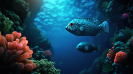 Obraz premium Biodiverse deep sea ecosystem with a variety of bioluminescent fish, lighting up the dark abyss