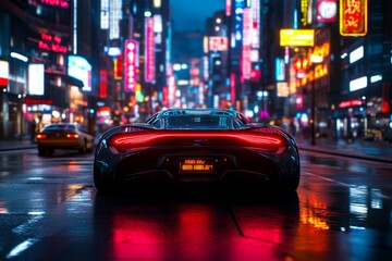 Fototapeta premium 3D-rendered urban metropolis at night, where every neon sign, streetlight, and car is fully animated, creating a dynamic, glowing digital city.