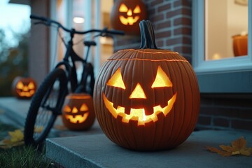 Obraz premium A Halloween street scene with carved pumpkins glowing in windows and doorsteps, creating a spooky, festive atmosphere.