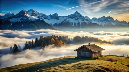 Misty mountain landscape with layers of fog settled in valleys, small hut in foreground, snow-capped peaks in background