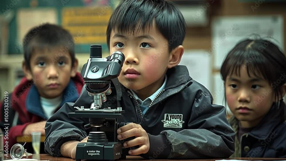 Fototapete a group of children intently observe a microscope during a science lesson, showcasing their curiosit