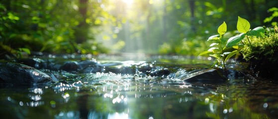 Shimmering Stream in Sunlit Forested Landscape