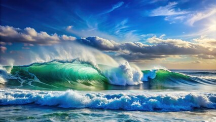 Fototapeta premium Dramatic seascape with crashing waves under a clear blue sky, turbulent, ocean, waves, dramatic, landscape, clear sky