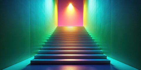 Gradient color hall with steps leading up to a bright light source , interior design, modern, architecture