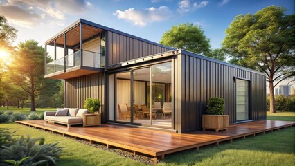 Obraz premium Modern shipping container house home on a sunny day , sustainable, eco-friendly, living accommodation