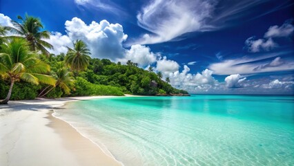 Sunny tropical beach with turquoise water and white sandy beach , paradise, vacation, relaxation, palm trees, exotic