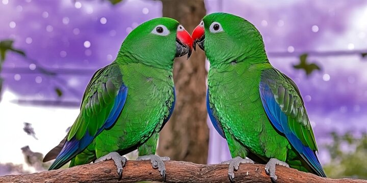 Two green parrots with blue feathers are perched on a branch, facing each other. Their beaks are touching, and they appear to be affectionate. The background is a blurred purple sky with white spots.