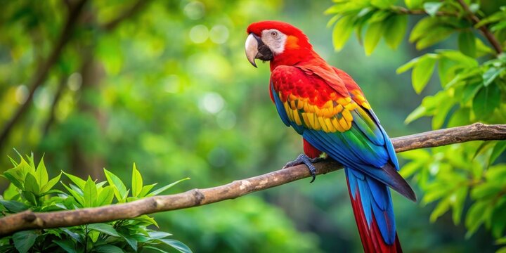 Vibrant scarlet macaw parrot perched on a lush green tree branch in a tropical forest , wildlife, exotic, colorful, feathers, parrot