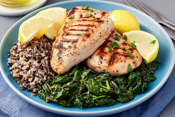 A colorful plate featuring a balanced mix of grilled chicken, wild rice, and sautÃ©ed spinach, garnished with lemon wedges for a fresh and light meal.