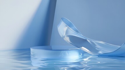 3D render of a podium with a transparent glass ribbon on water, featuring a vibrant holographic blue geometric background.