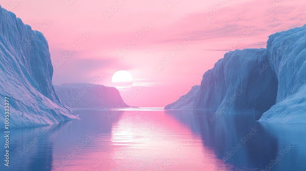 Poster 3d render of a sleek, futuristic landscape with cliffs and calm water, set in a minimal abstract set