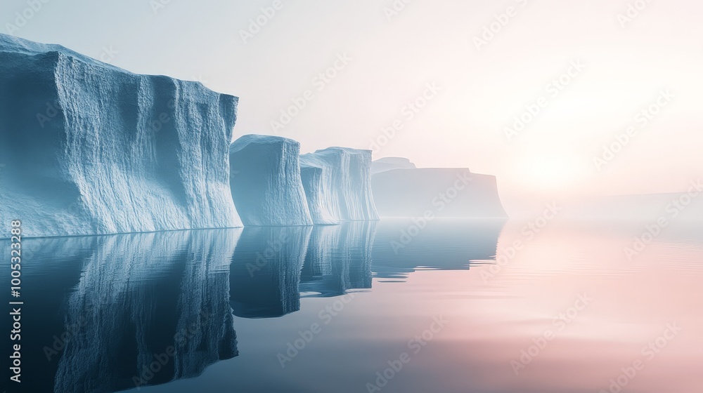 Poster 3d render of a sleek, futuristic landscape with cliffs and calm water, set in a minimal abstract set