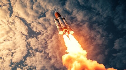 3D render of a space rocket blasting off, showcasing the fiery engine exhaust and dramatic smoke trails against a bright sky - Powered by Adobe