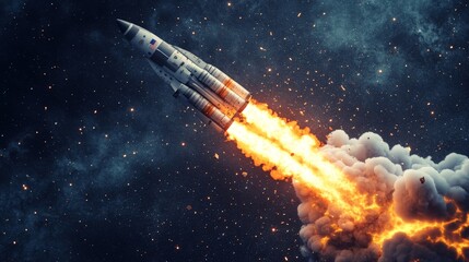 3D render of a space rocket blasting off, with an emphasis on the powerful thrust, fiery exhaust, and ascending trajectory