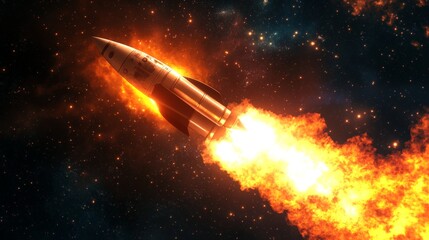 Obraz premium 3D render of a space rocket blasting off, with an emphasis on the powerful thrust, fiery exhaust, and ascending trajectory