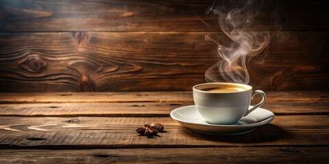 Obraz premium A cup of steaming coffee placed on a rustic wooden table, coffee, beverage, drink, morning, aroma, hot, caffeine, relax, table, cozy