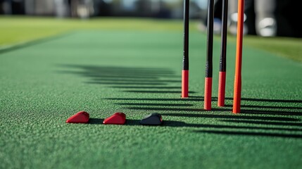 Close-up view of golf training equipment on green turf, highlighting alignment aids for improving putting skills.