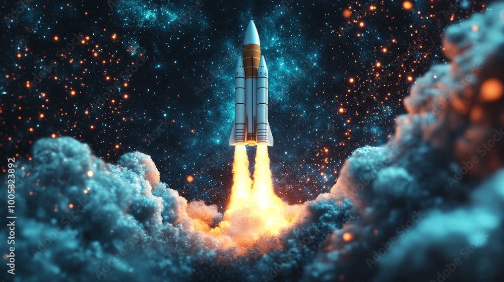 Poster 3d render of a space rocket launch with technology development imagery, representing the dynamic lau
