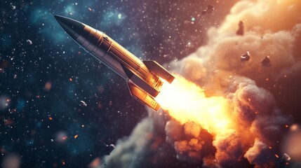 3D render of a space rocket launch, featuring realistic fire and smoke effects as the rocket begins its ascent into space