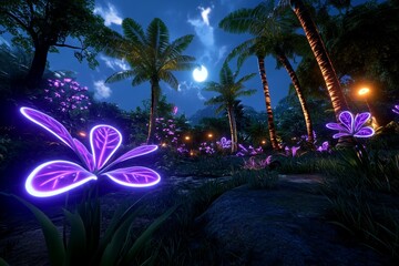 A fantasy jungle ecosystem where glowing plants and animals interact, with mystical energy flowing through the trees and wildlife, creating a magical environment.