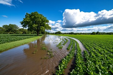 Naklejka premium A farm field completely submerged by a flash flood, with crops under water and the force of the flood reshaping the landscape
