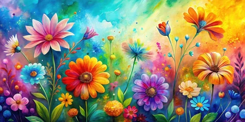 Fotobehang Colorful, vibrant picture of painted flowers on abstract background, multicolored, bright, flowers, abstract © Udomner