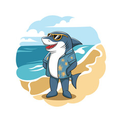 shark mascot vector is relaxing on the beach wearing clothes and glasses