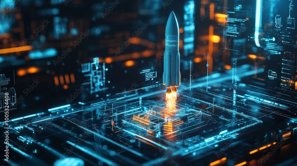 Poster 3d render of a technology development process leading to the launch of a new product or service, wit