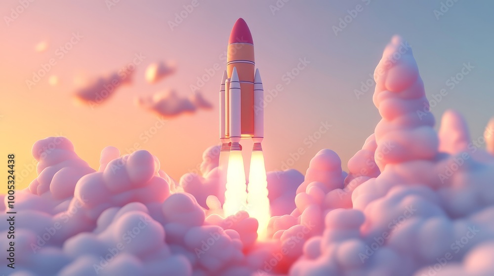 Poster 3d render of a technology development scene with a space rocket lift-off, symbolizing the exciting l