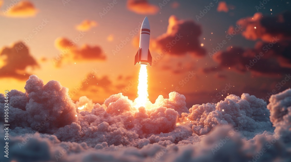Poster 3d render of a technology development scene with a space rocket lift-off, symbolizing the exciting l