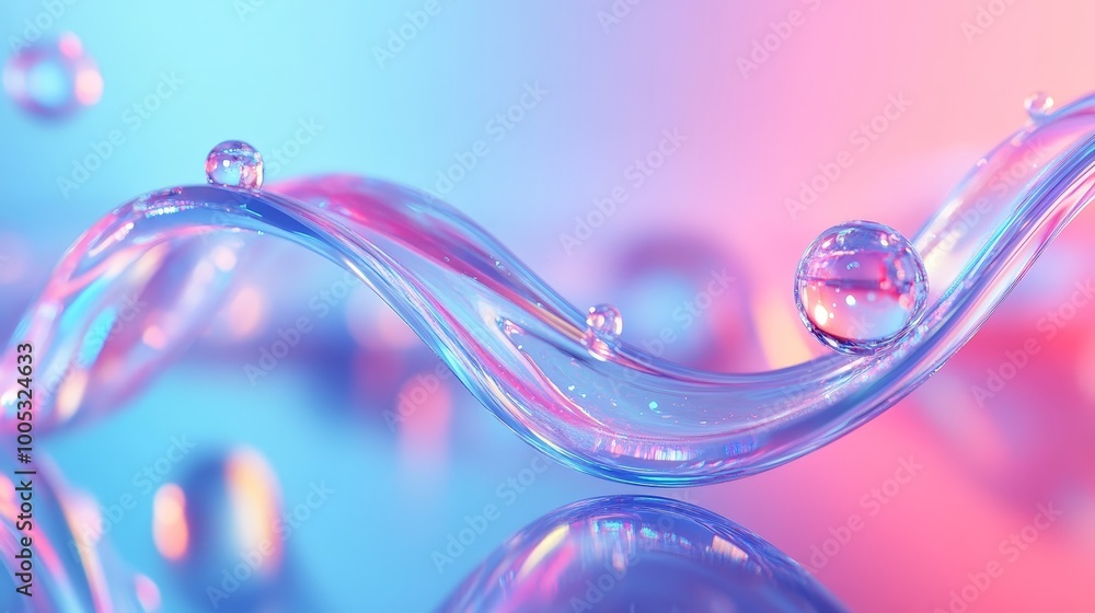 Poster 3d render of a transparent glass ribbon on water with geometric circles and spheres. holographic sha