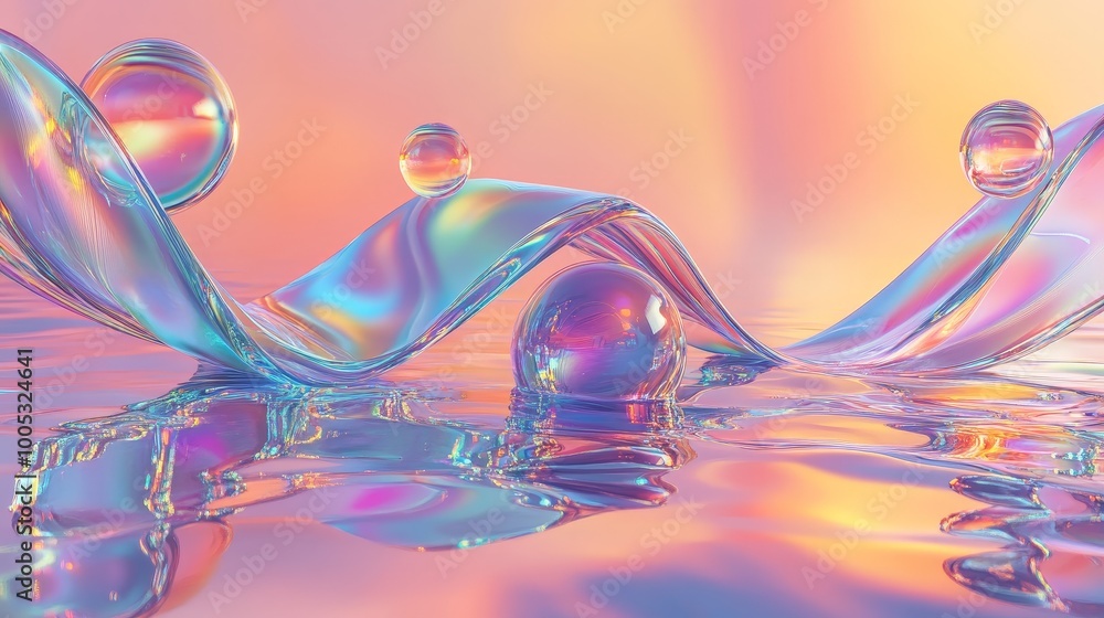 Poster 3d render of a transparent glass ribbon on water with geometric circles and spheres. holographic sha