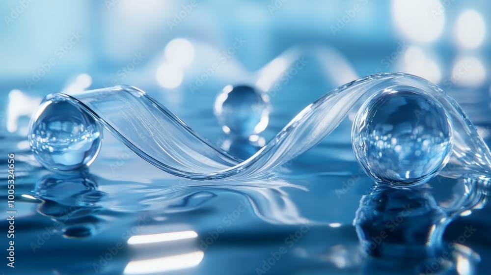 Poster 3d render of a transparent glass ribbon on water with geometric circles and spheres. holographic sha
