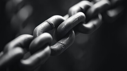 Close-up of a textured metal chain link, showcasing strength and durability in black and white aesthetics.