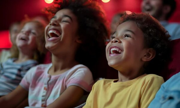 Happy children laughing in the cinema, sitting on red chairs