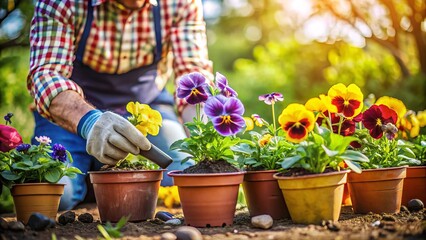 In a lush garden, a gardener is planting colorful pansies in flowerpots, surrounded by vibrant greenery and using