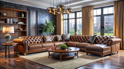 In a modern living room, an elegant leather sectional showcases luxury, enhanced by fashionable decor accents that