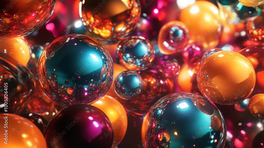 Poster 3d render of abstract spheres in a dynamic arrangement, showcasing a blend of metallic and glossy te