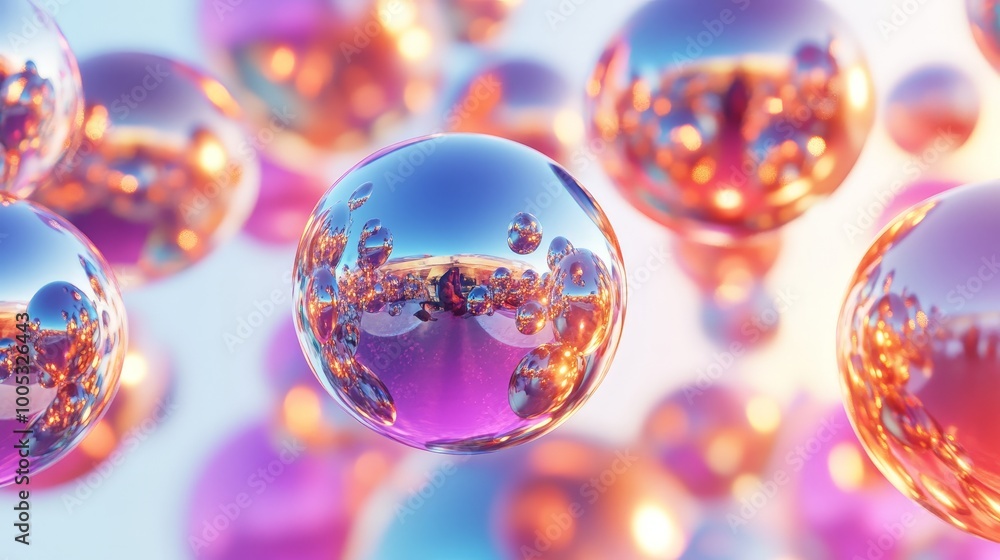 Poster 3d render of abstract spheres in a dynamic arrangement, showcasing a blend of metallic and glossy te