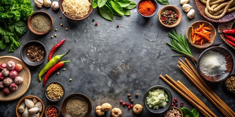 Asian food ingredients on rustic stone background, top view, Asian, food, ingredients, background, rustic, stone, top view