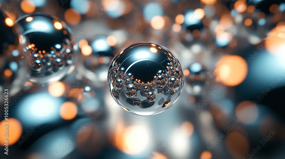 Poster 3d render of abstract spheres with a high-tech, futuristic design, arranged in a visually dynamic fo